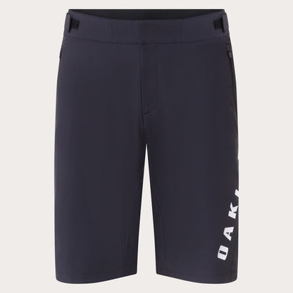 Dark navy blue athletic shorts with a vertical white 'OAKLEY' logo printed on the lower left leg, shown against a light off-white background.
