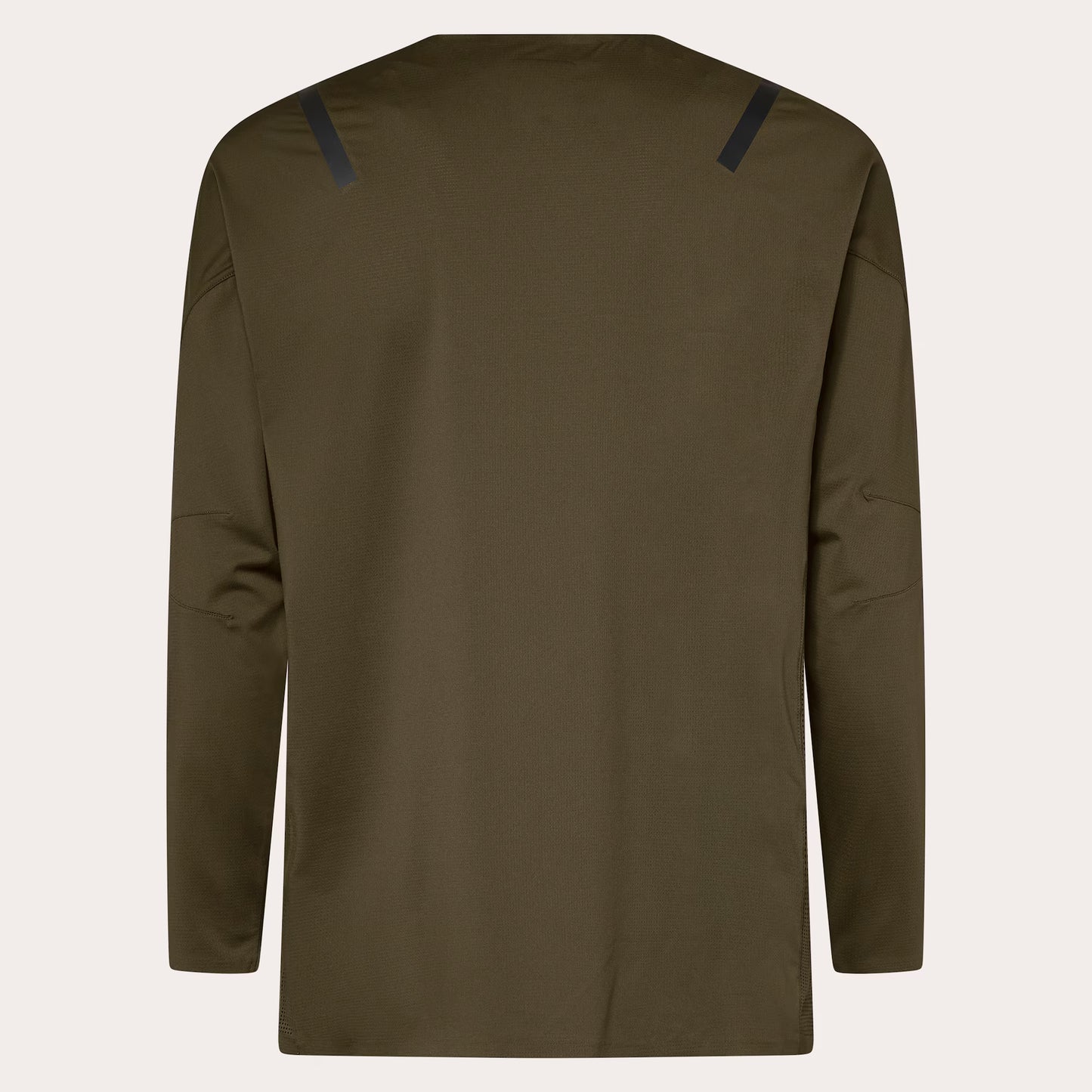 An olive green long-sleeve athletic top shown from the back, featuring two dark navy hook-and-loop strap details at the top of the shoulders, displayed on a light off-white background.