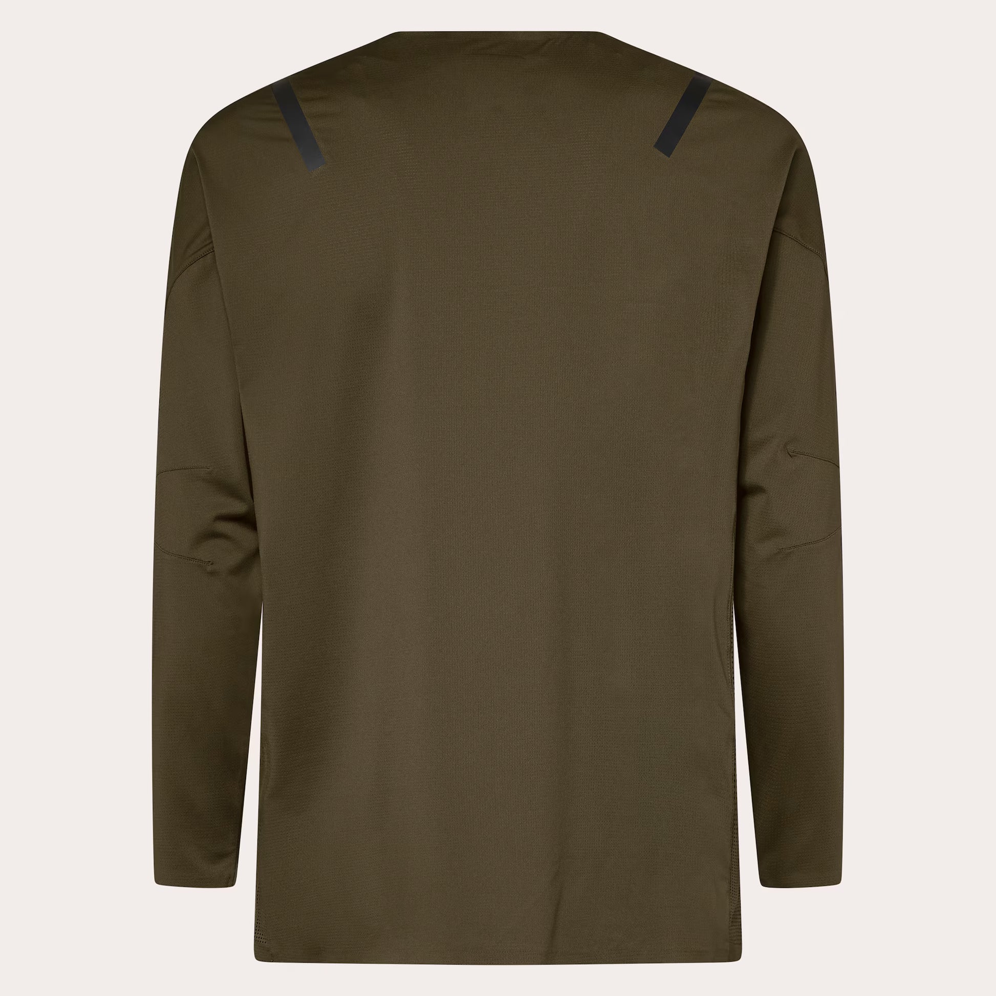 An olive green long-sleeve athletic top shown from the back, featuring two dark navy hook-and-loop strap details at the top of the shoulders, displayed on a light off-white background.