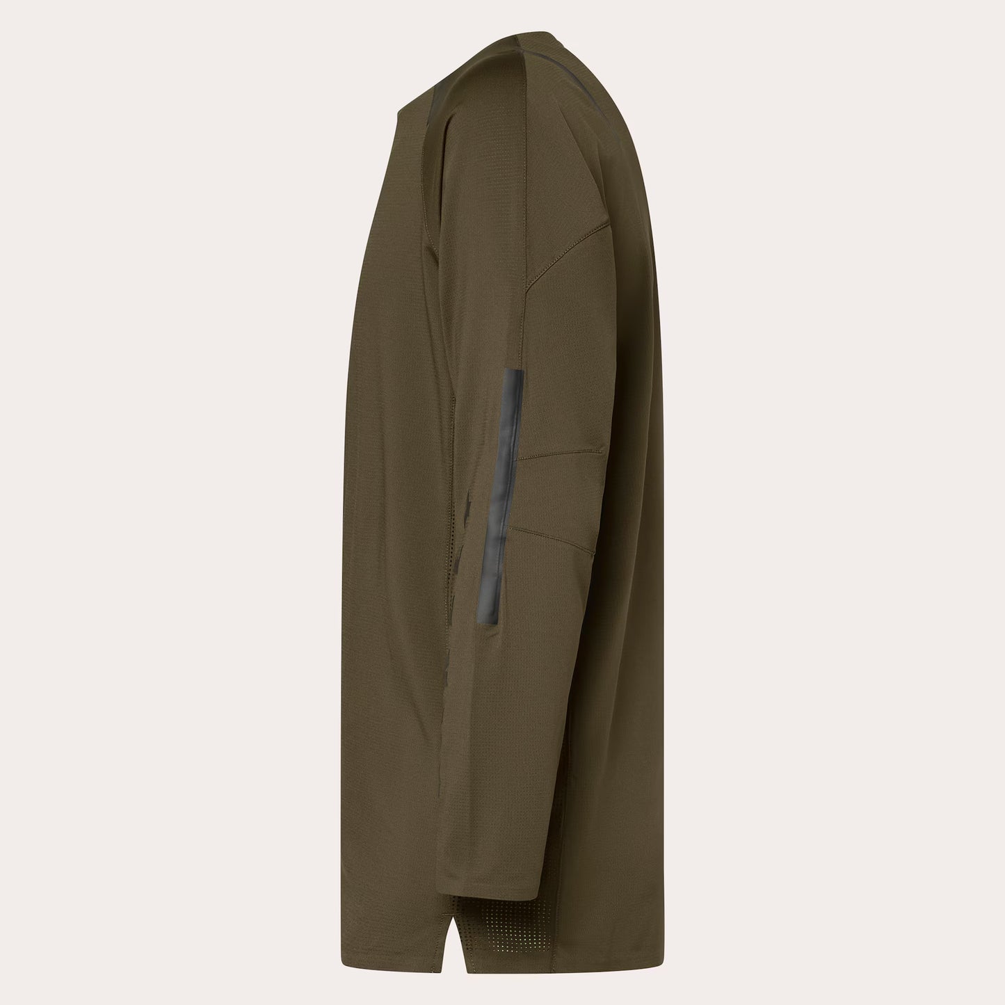 An olive green long-sleeve jacket shown from a side profile view against a light beige background.