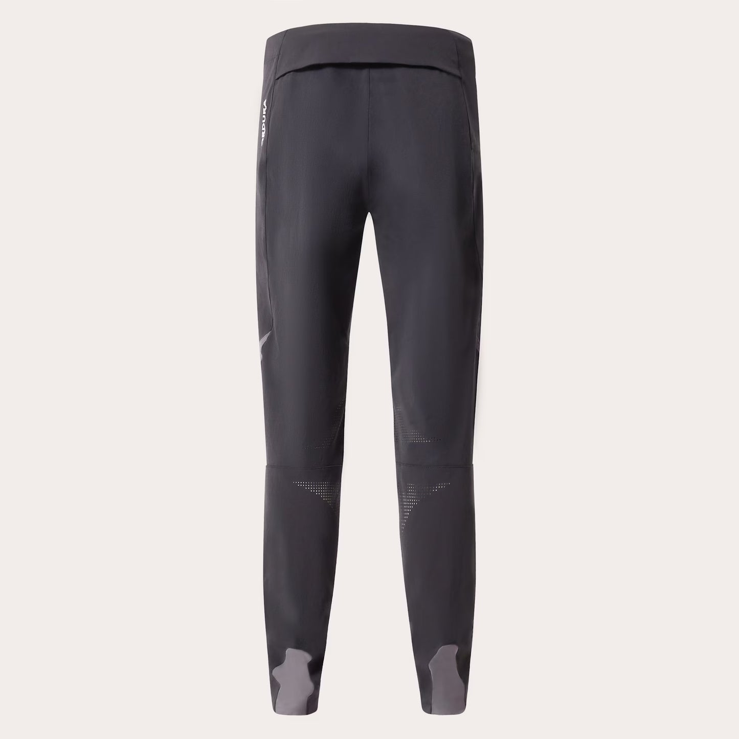 Dark gray athletic leggings shown from the back on a light beige background.