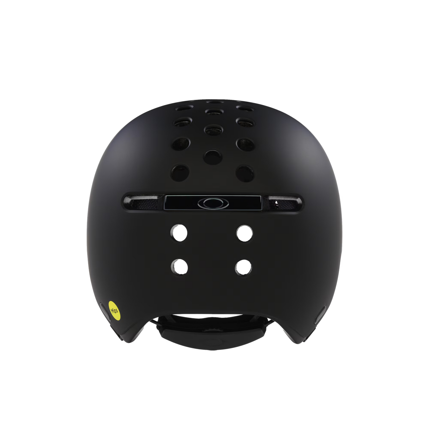 Black helmet with a small yellow label on a black background