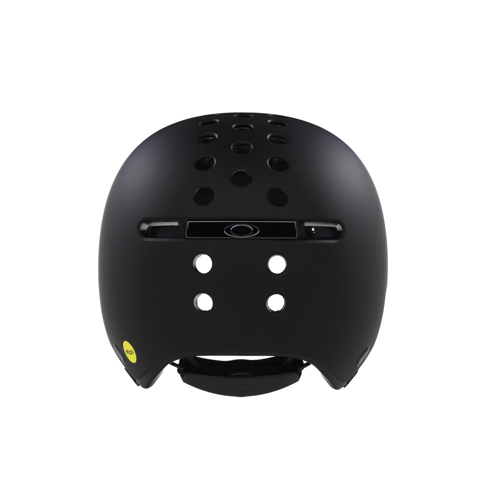 Black helmet with a small yellow label on a black background