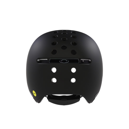 Black helmet with a small yellow label on a black background