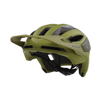 Green helmet with Oakley logo on a white background