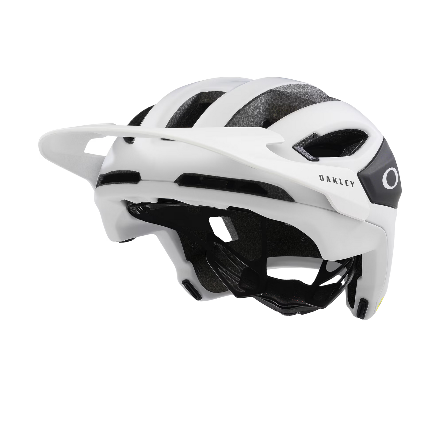 White and black helmet with Oakley logo on a white background