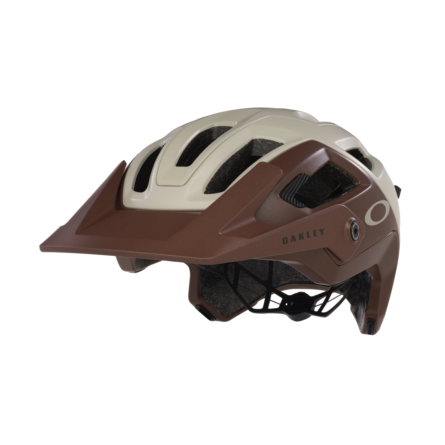 Brown and beige helmet with 'Oakley' branding on a white background