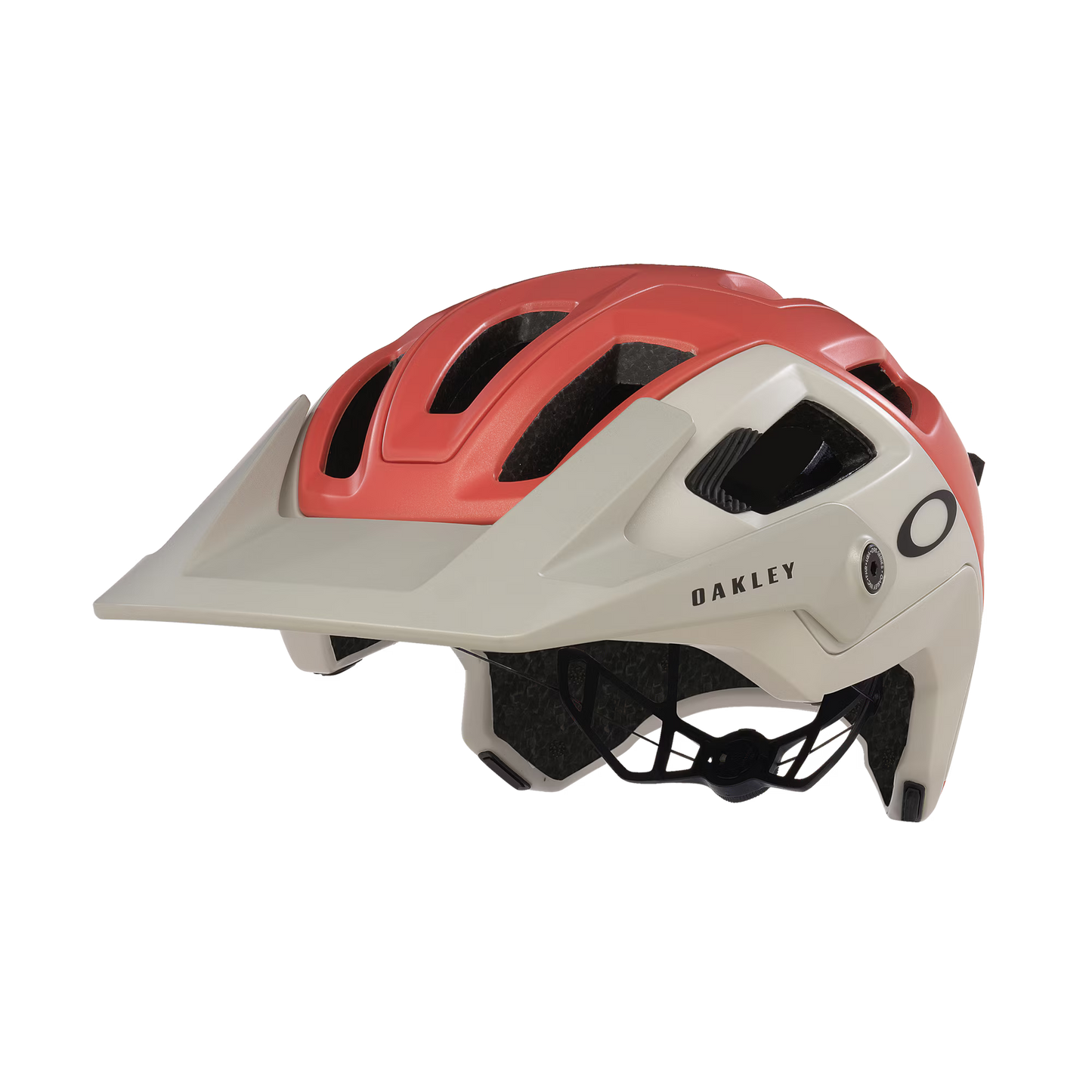 Red and beige helmet with 'Oakley' branding on a white background