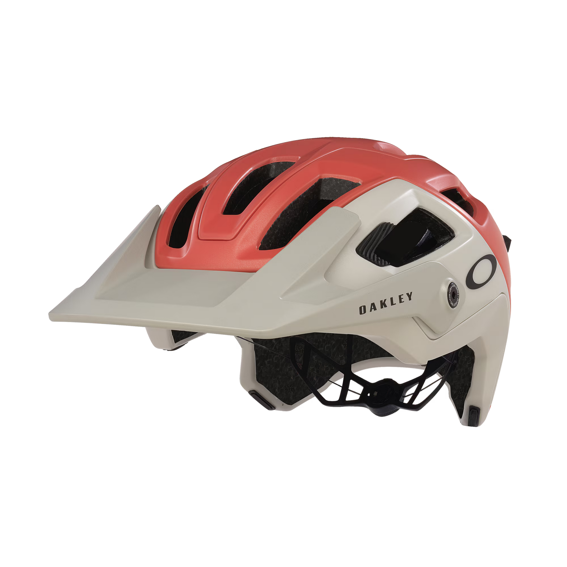 Red and beige helmet with 'Oakley' branding on a white background