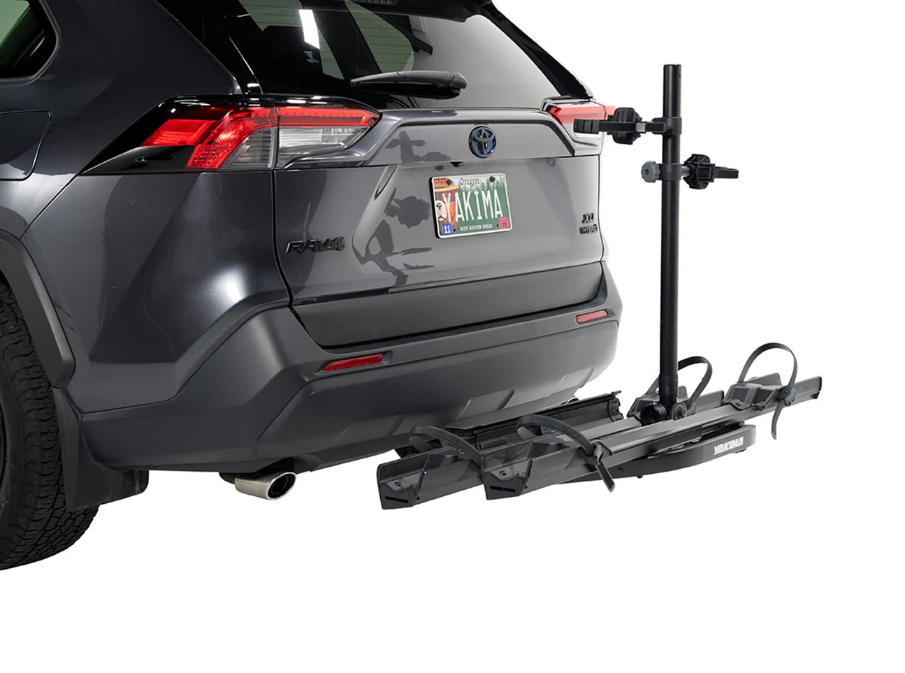 Car with a bike rack attached to the back, on a white background