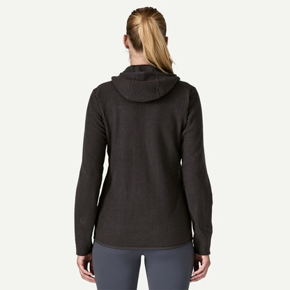 Person wearing a dark gray textured hoodie on a white background