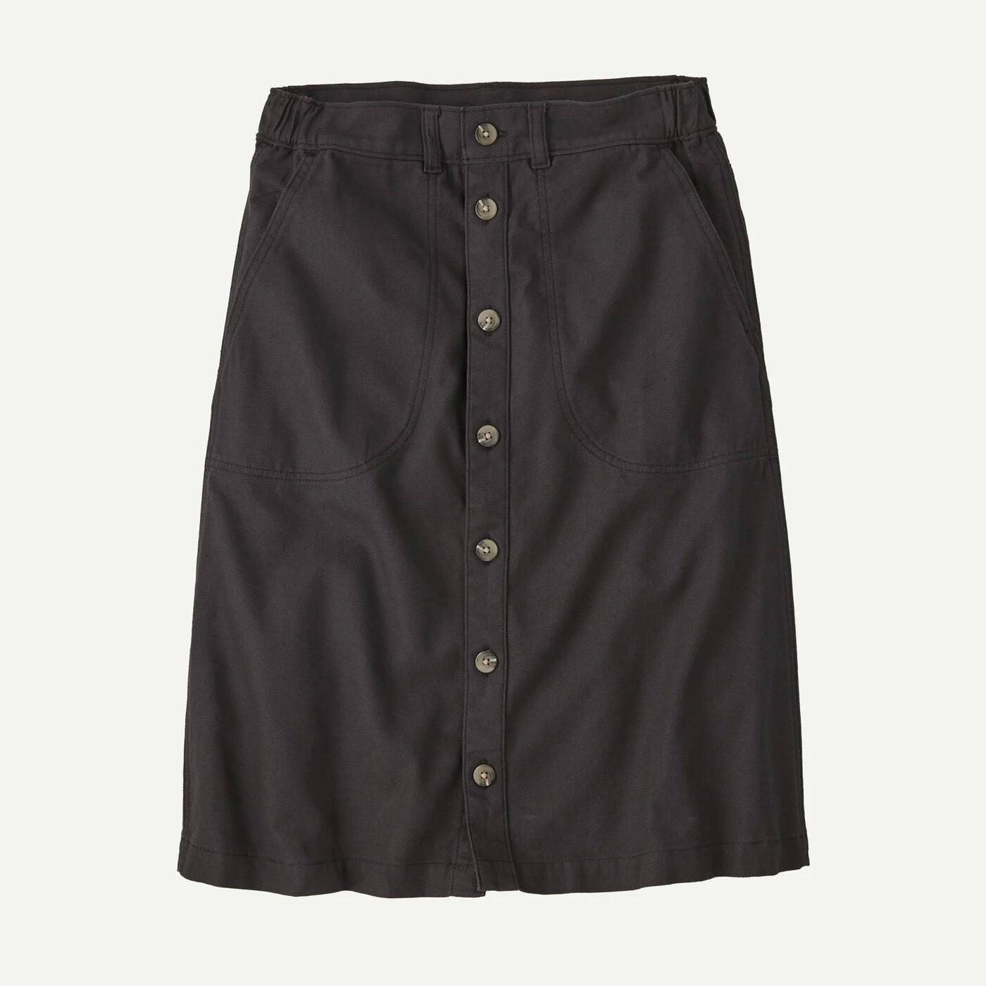 Black skirt with button details on a light gray background