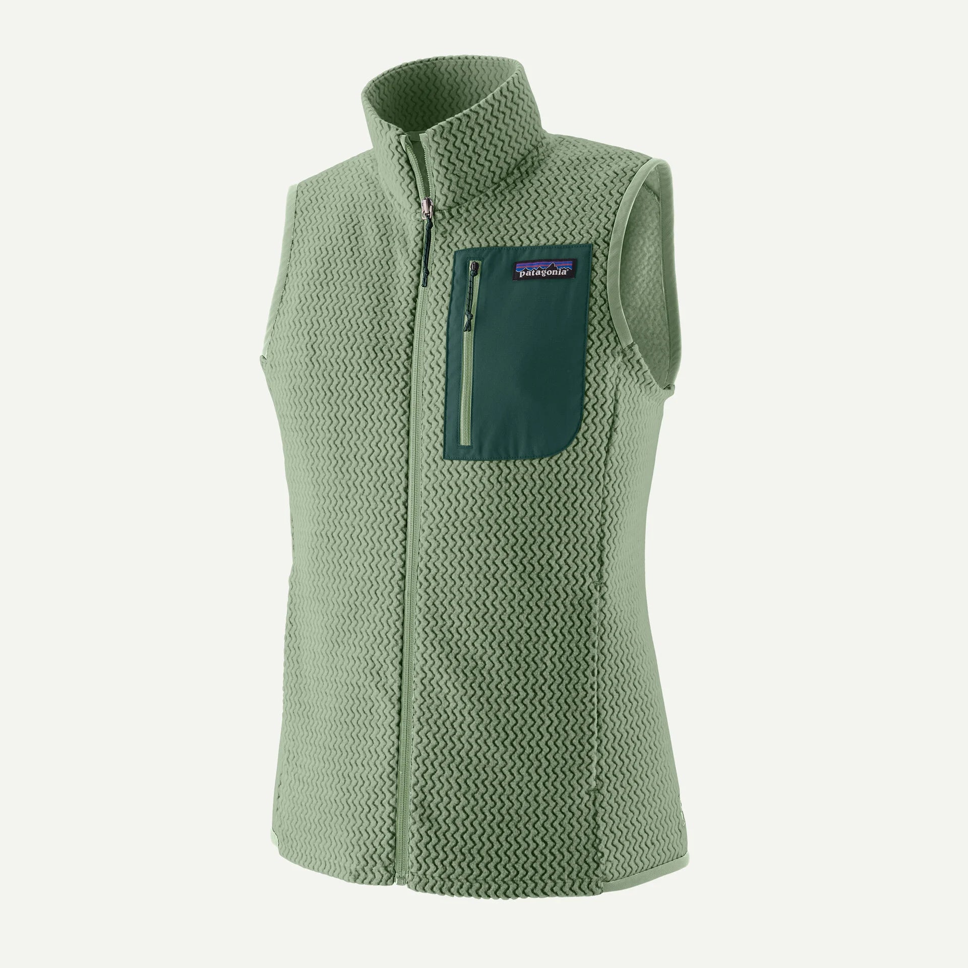 Green fleece vest with a pocket on a white background