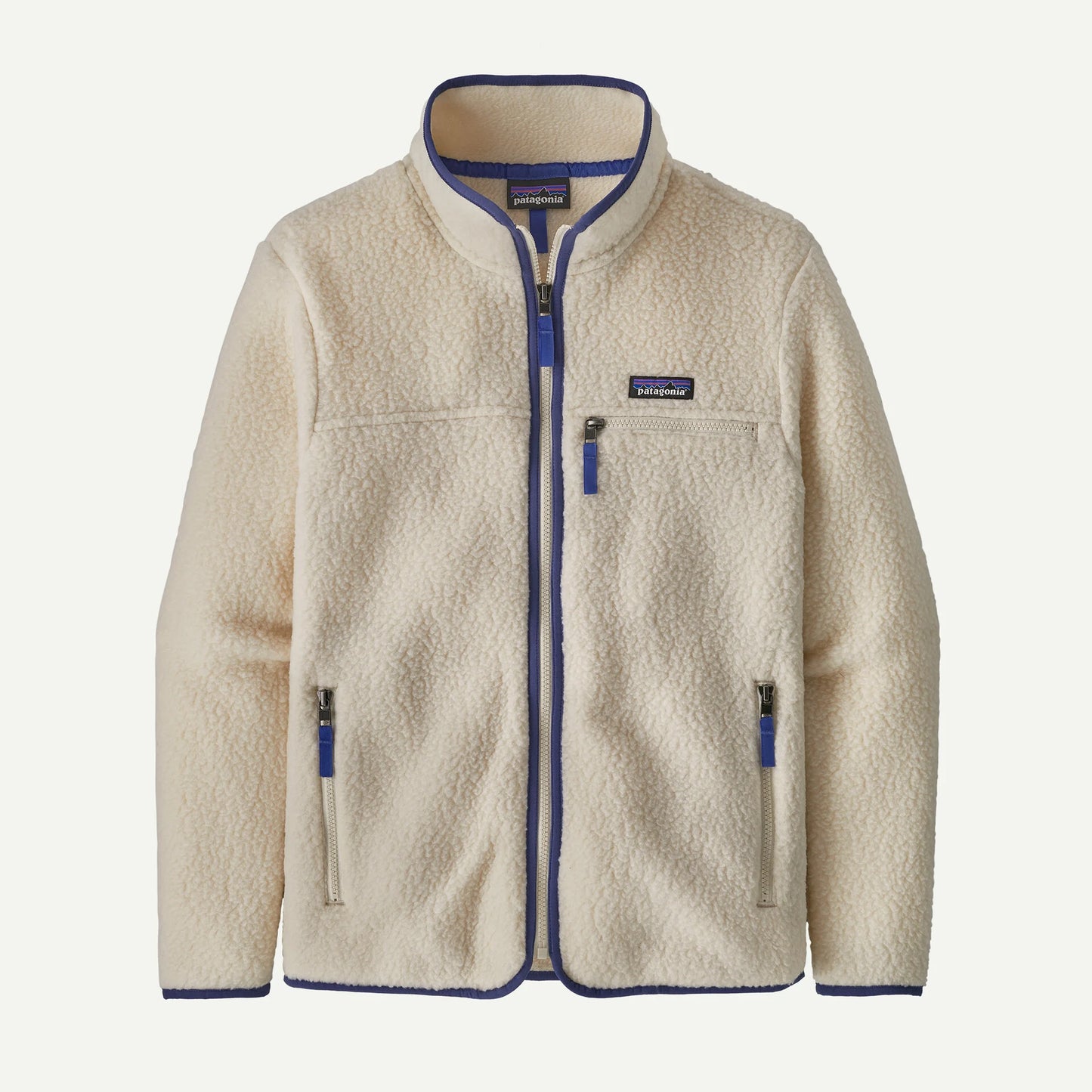 Beige fleece jacket with blue accents on a white background