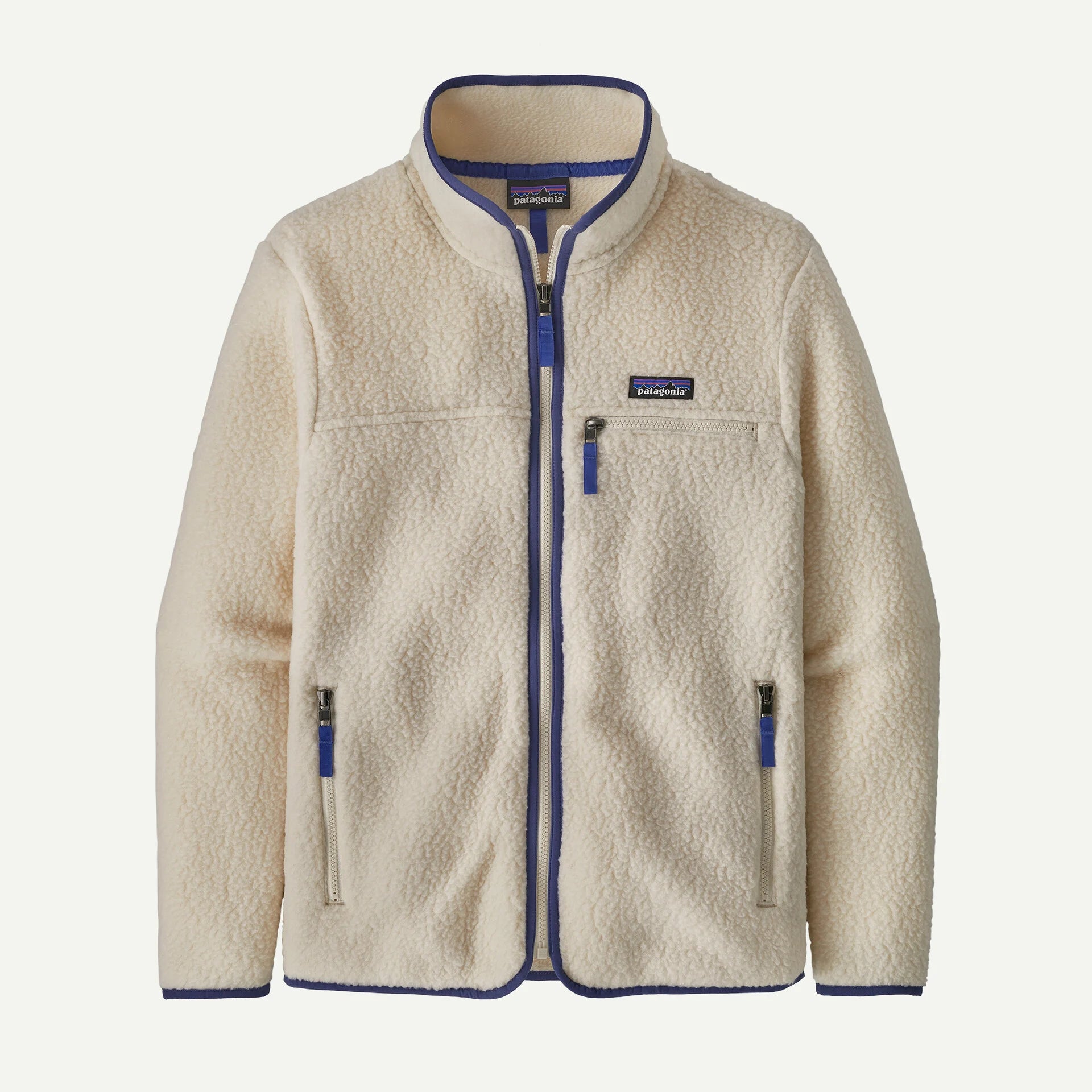Beige fleece jacket with blue accents on a white background