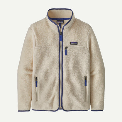 Beige fleece jacket with blue accents on a white background