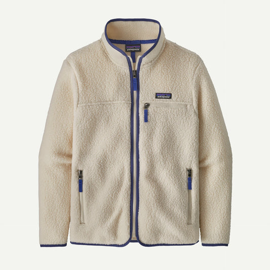 Beige fleece jacket with blue accents on a white background