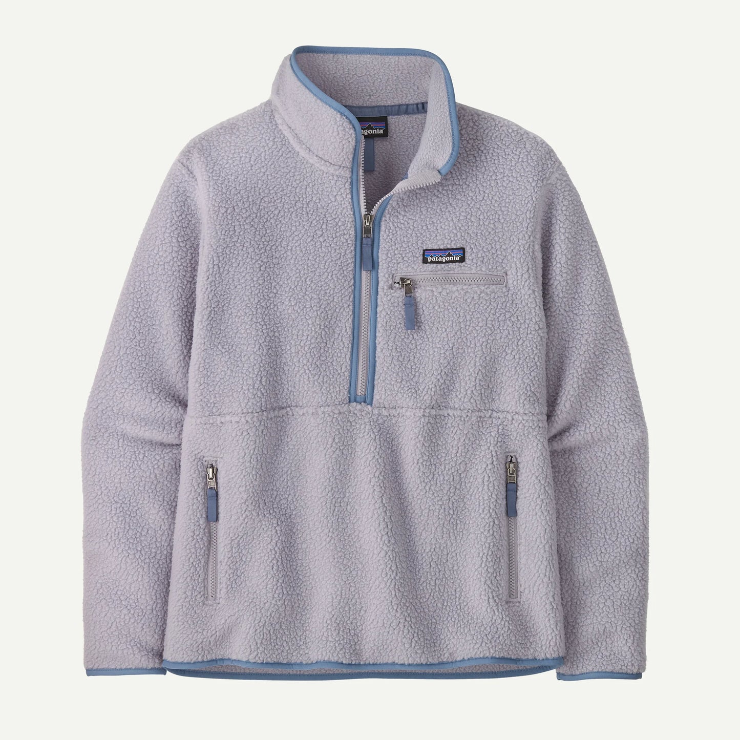 Gray fleece jacket with blue accents on a white background