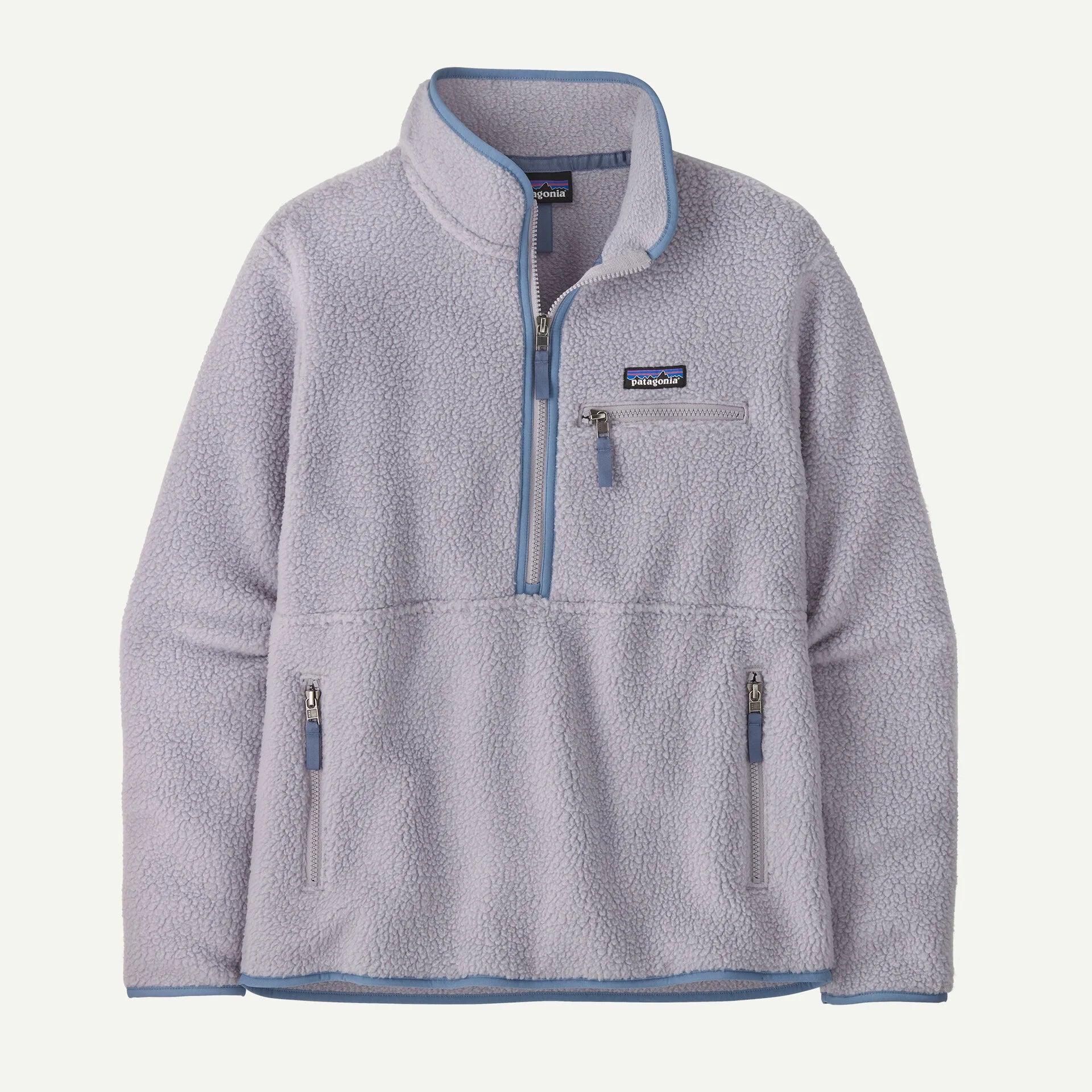 Gray fleece jacket with blue accents on a white background