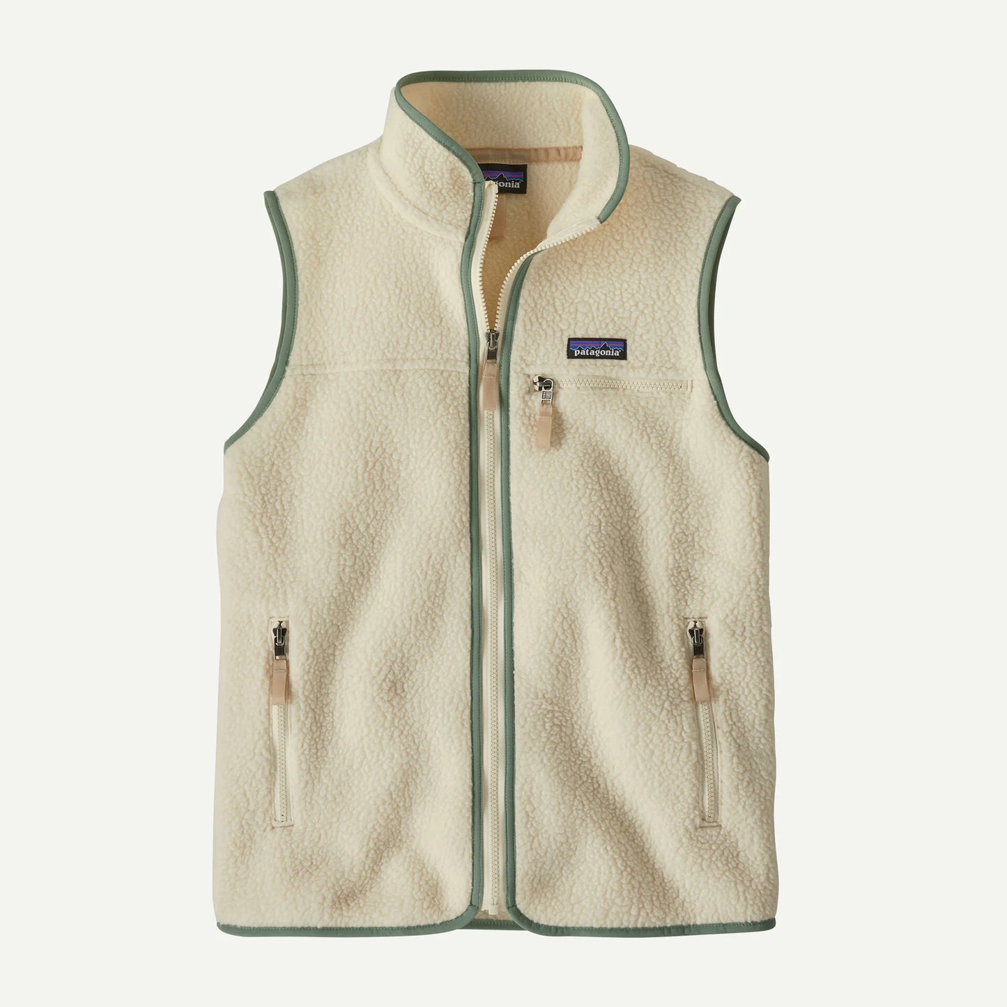 Beige fleece vest with a brand logo on a white background