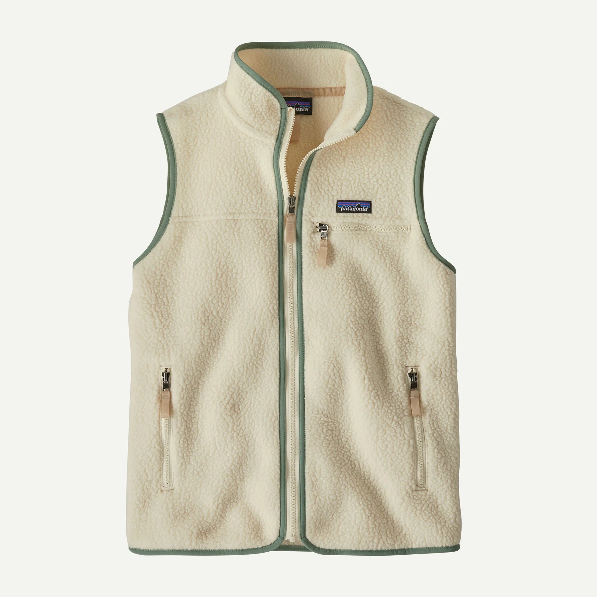 Beige fleece vest with a brand logo on a white background