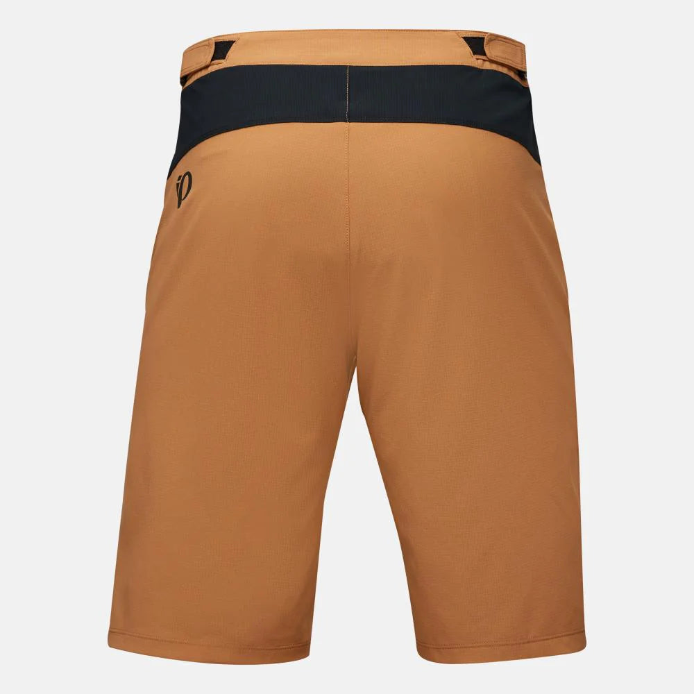 Brown shorts with a black waistband on a light gray background