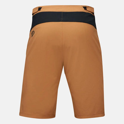 Brown shorts with a black waistband on a light gray background