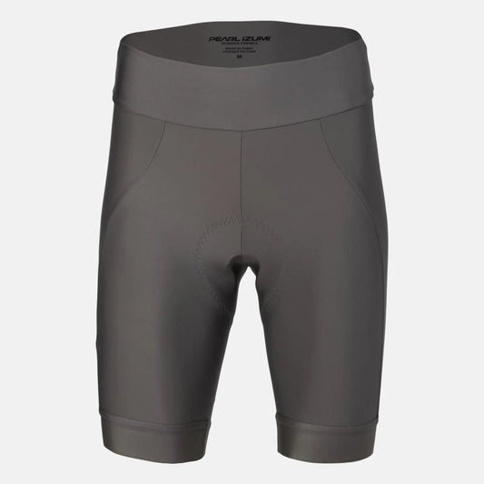 Gray cycling shorts with a visible brand logo on a light gray background