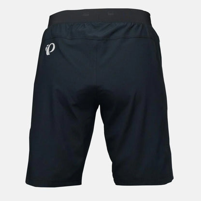 Black athletic shorts with a logo on a light gray background