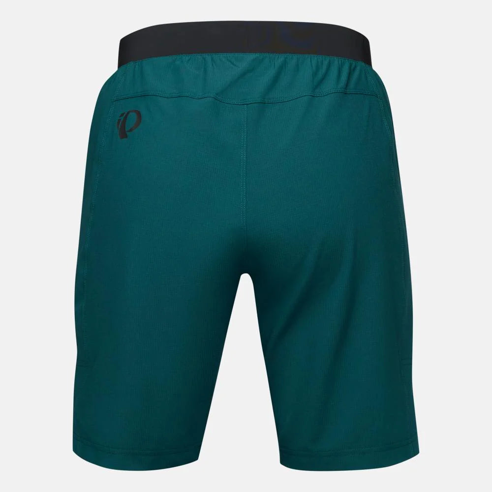 Teal shorts with a brand logo on a light gray background