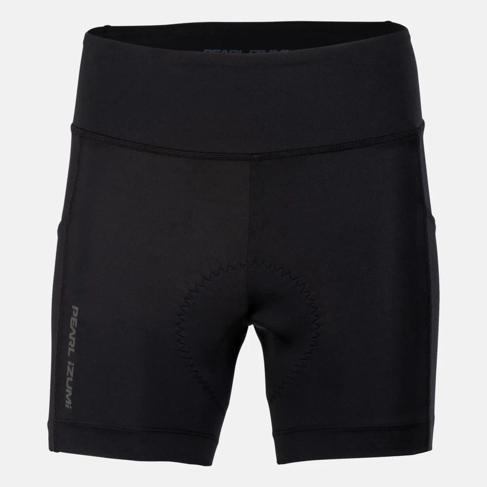 Black cycling shorts with Pearl Izumi logo on a light gray background