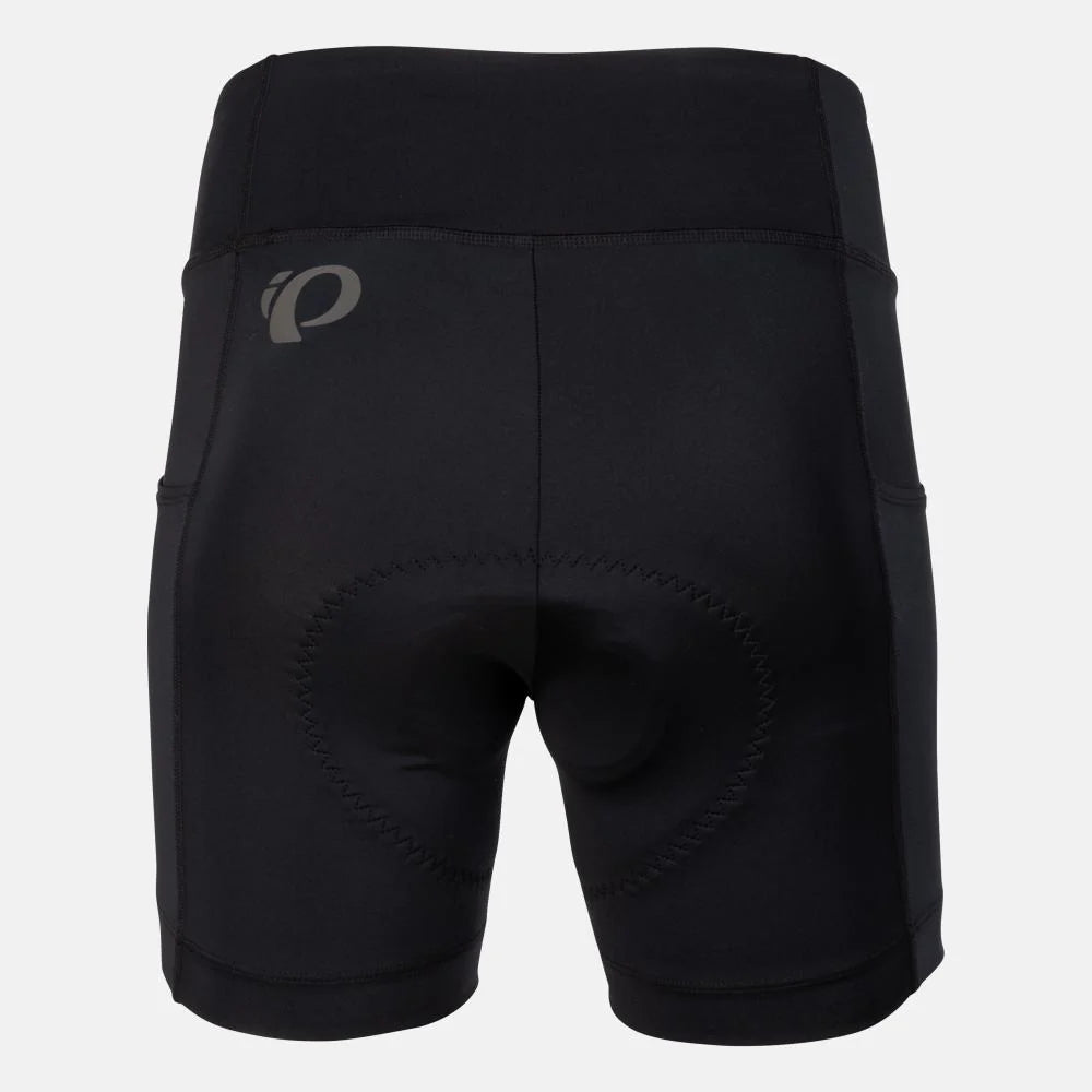 Black cycling shorts with a brand logo on a light gray background