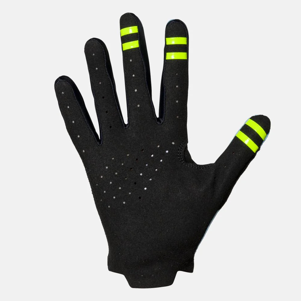 Black glove with green reflective stripes on a white background