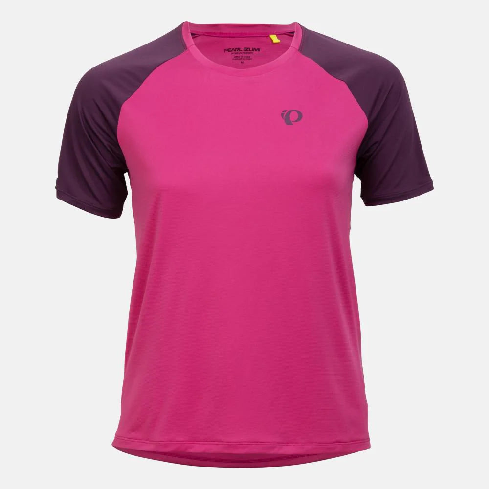Pink and purple athletic shirt with a logo on a white background