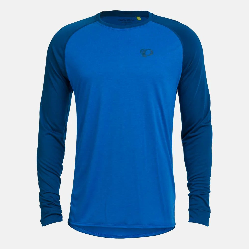 Blue long-sleeve athletic shirt on a light gray background