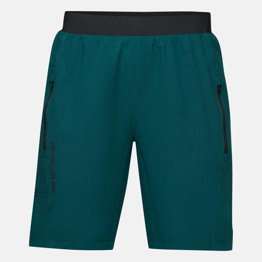 Teal shorts with black accents on a light gray background
