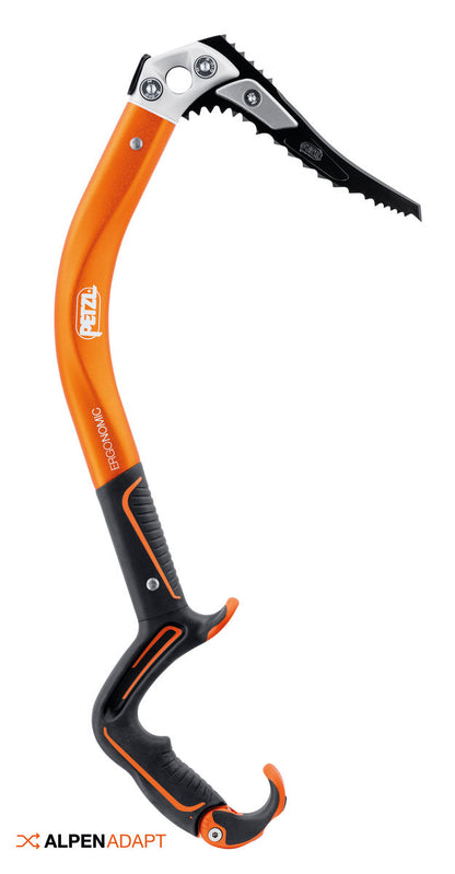 Orange and black ice axe with a visible brand logo on a white background