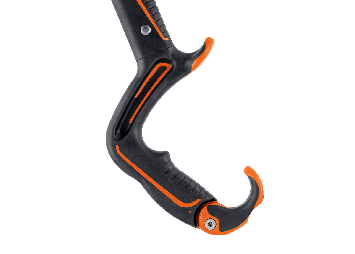 Black and orange climbing hook on a white background
