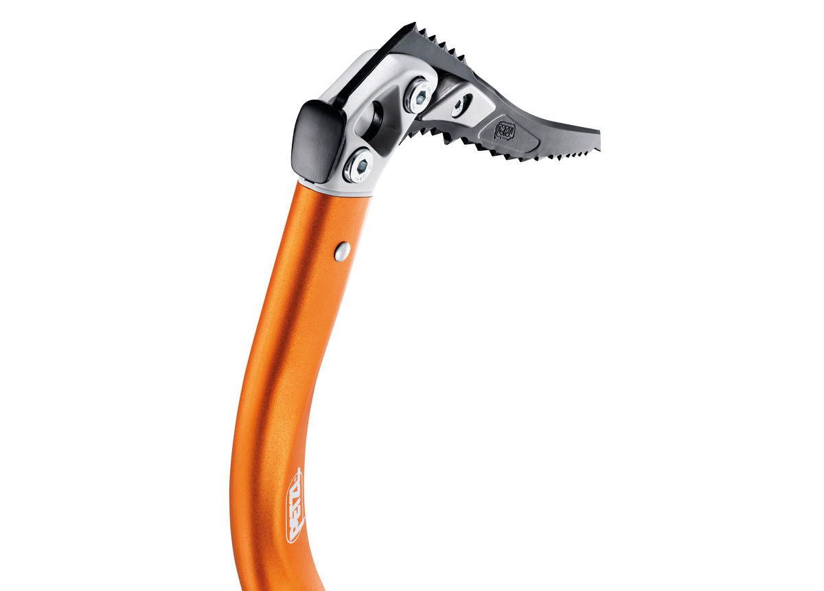 Orange ice axe with silver head on a white background
