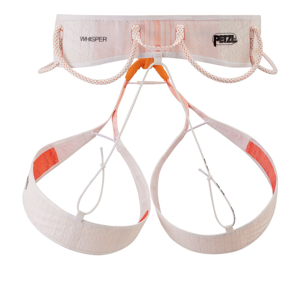 White and orange climbing harness with 'Pettz' branding on a white background