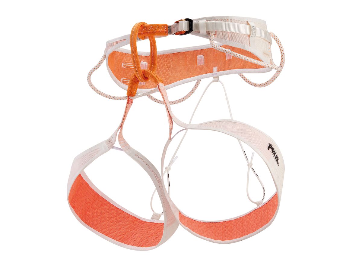 Orange and white climbing harness on a white background