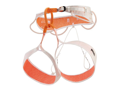 Orange and white climbing harness on a white background