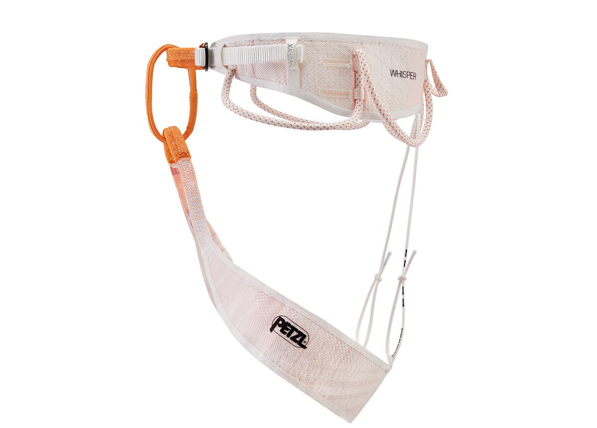White climbing harness with orange carabiner on a white background