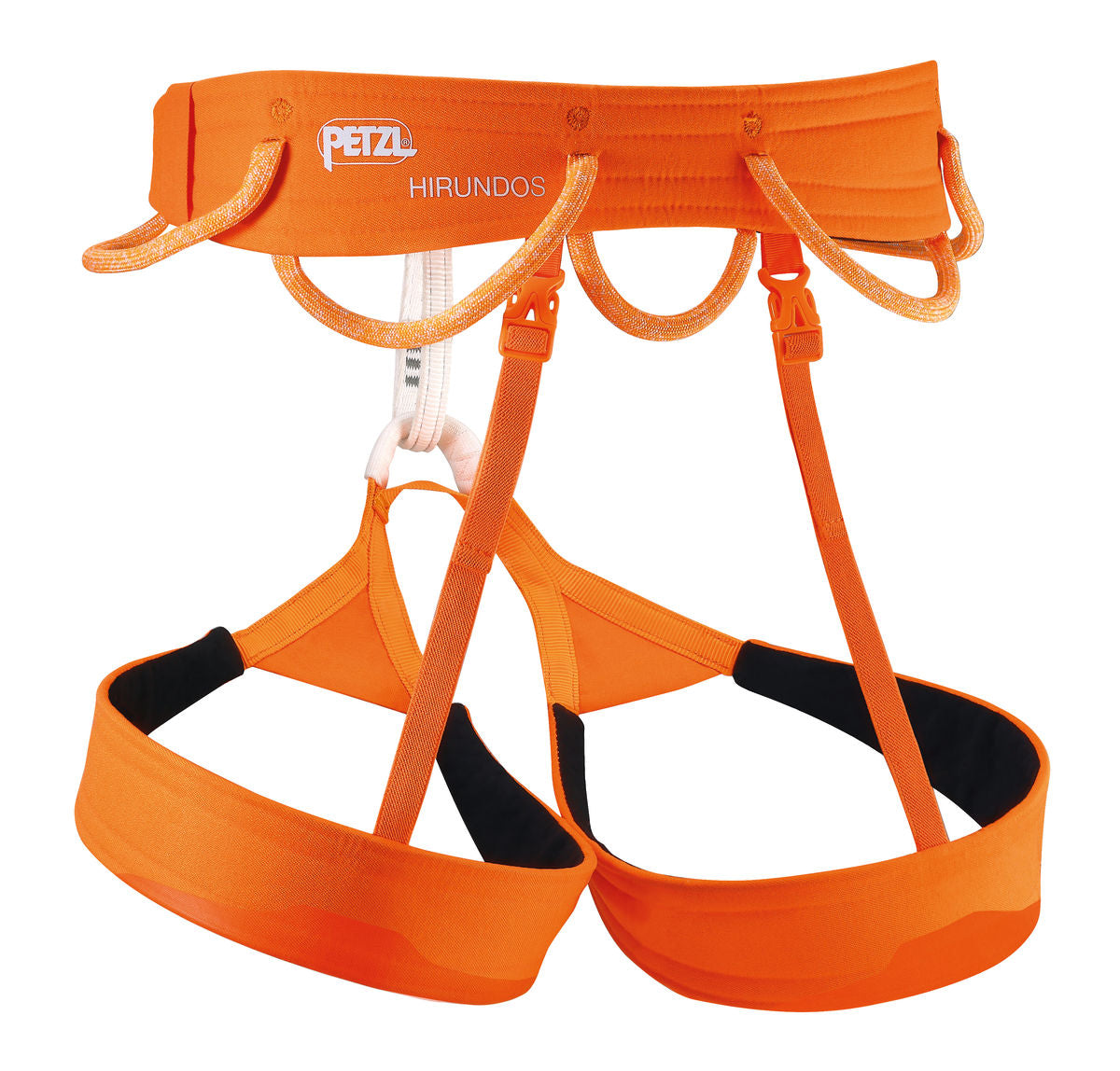 Orange climbing harness with Petzl logo on a white background