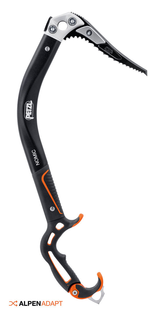Black and orange ice axe with silver accents on a white background
