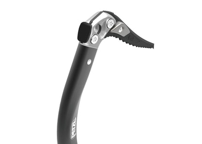Ice axe with a black handle and silver head on a white background