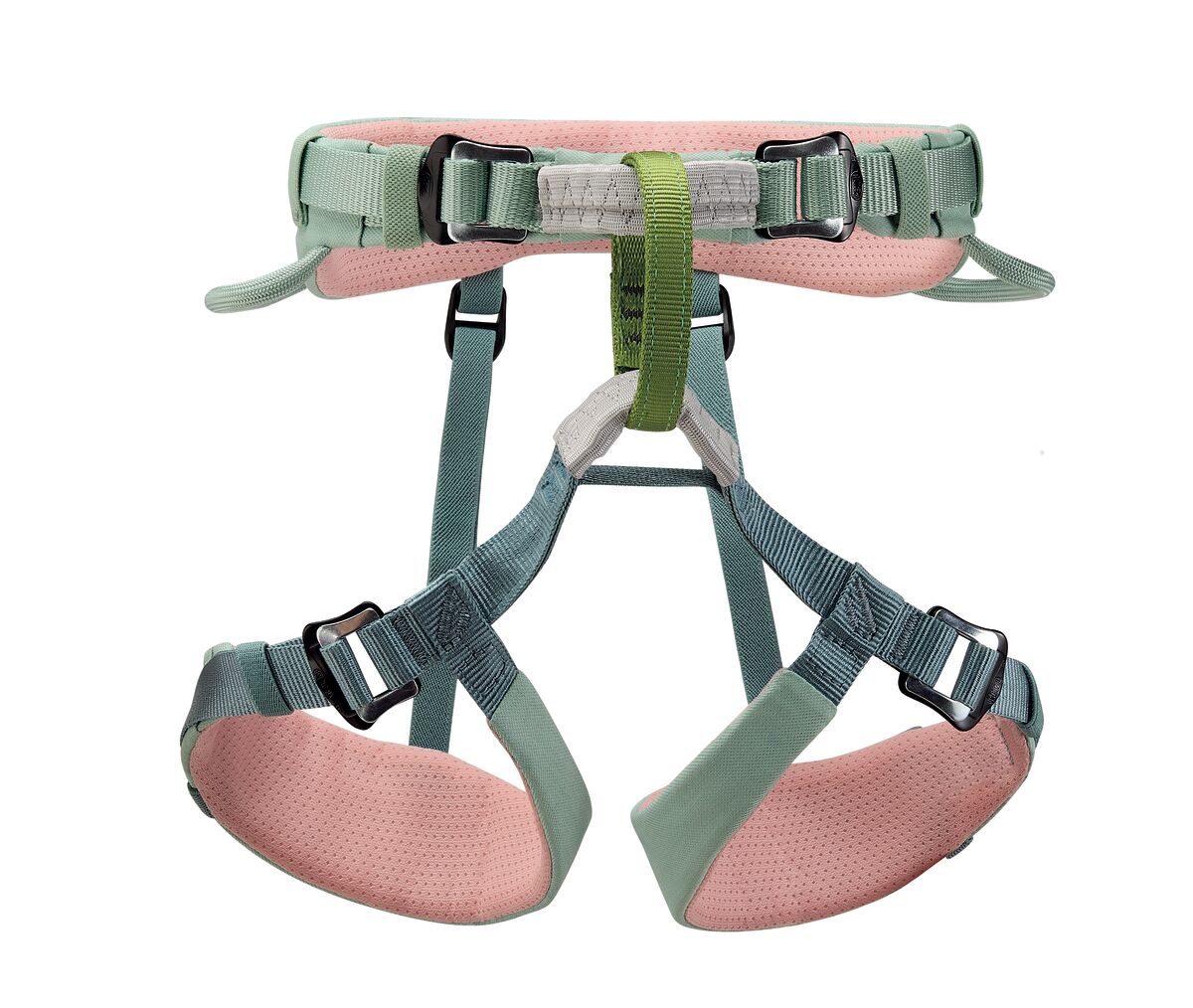 Pink and green climbing harness on a white background