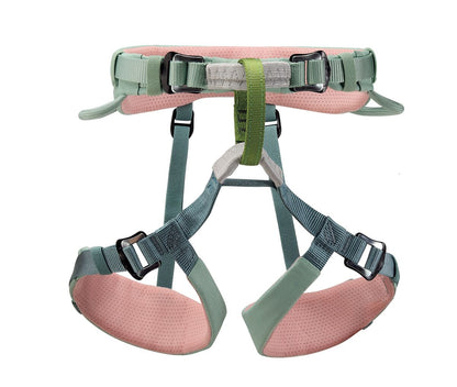 Pink and green climbing harness on a white background