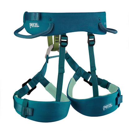 Teal climbing harness with Petzl branding on a white background