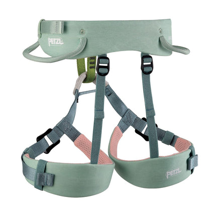 Green climbing harness with Petzl branding on a white background